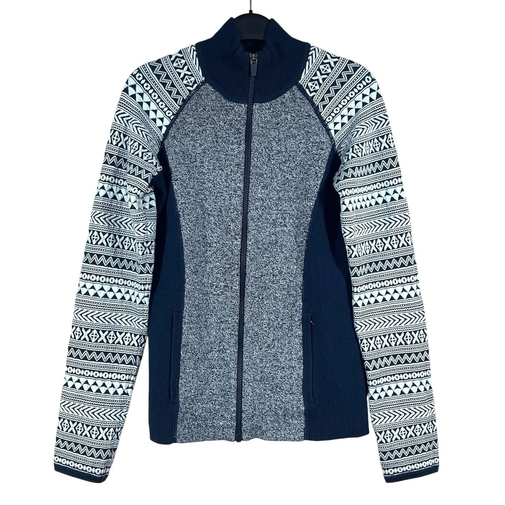 Title Nine Full Zip Ski Sweater Womens S Navy Knit Mock Neck Nordic Cardigan